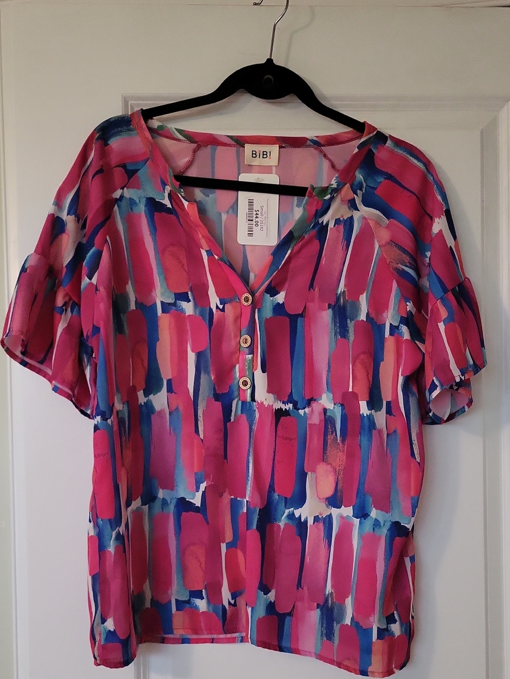 BiBi Pink & Blue Brushstroke Button-Front Blouse